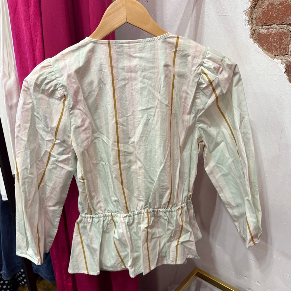 A New Day XS Pastel Stripe Wrap Peplum Blouse | Puff Sleeve - Picture 4 of 4